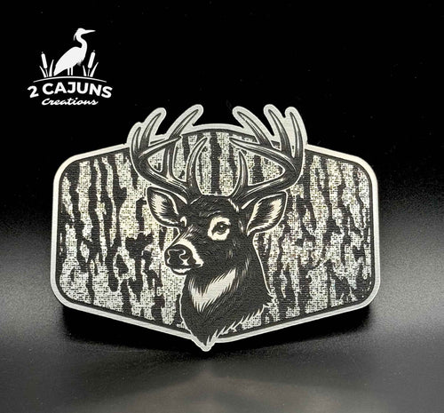 Buck Deer on Tree Bark Design Dual Layer Stainless Black Acrylic Hat Patch - Hat Patch Supply