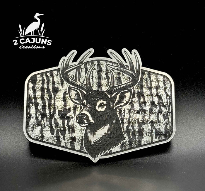 Buck Deer on Tree Bark Design Dual Layer Stainless Black Acrylic Hat Patch