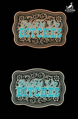 Tri-layer acrylic hat patch with a western belt buckle design reading Buckle Up