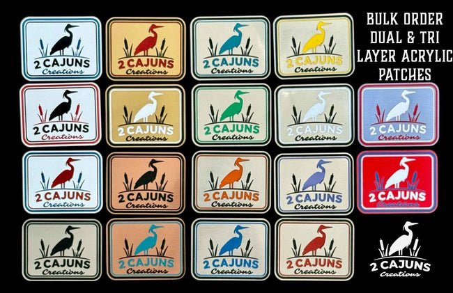 Bulk custom tri-layer acrylic hat patches shown in assorted designs