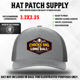 UV printed baseball humor hat patch reading 'Chicks Dig The Long Ball'