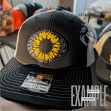 Close-up of the layered sunflower detail on the stainless acrylic hat patch