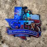 Close-up of the CTT Oil Exploration and Cattle UV printed hat patch