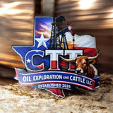 UV printed hat patch with the CTT Oil Exploration and Cattle company logo