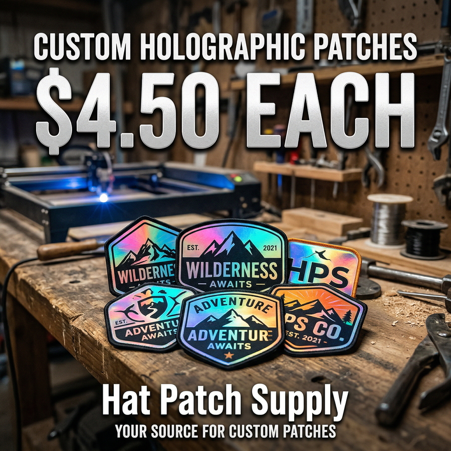 Custom holographic hat patches with a rainbow shift foil finish