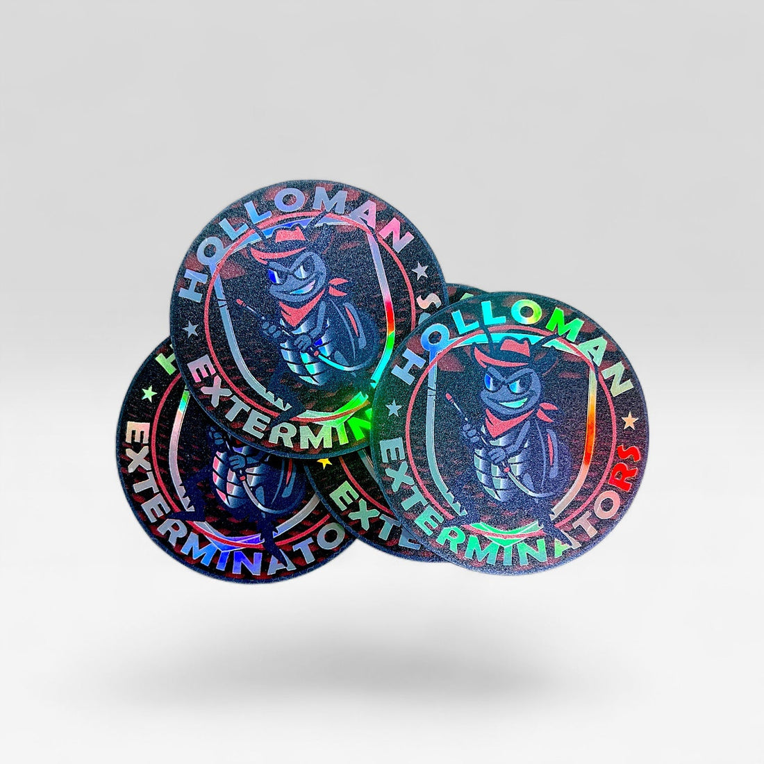 Close-up of a custom holographic hat patch showing the rainbow finish
