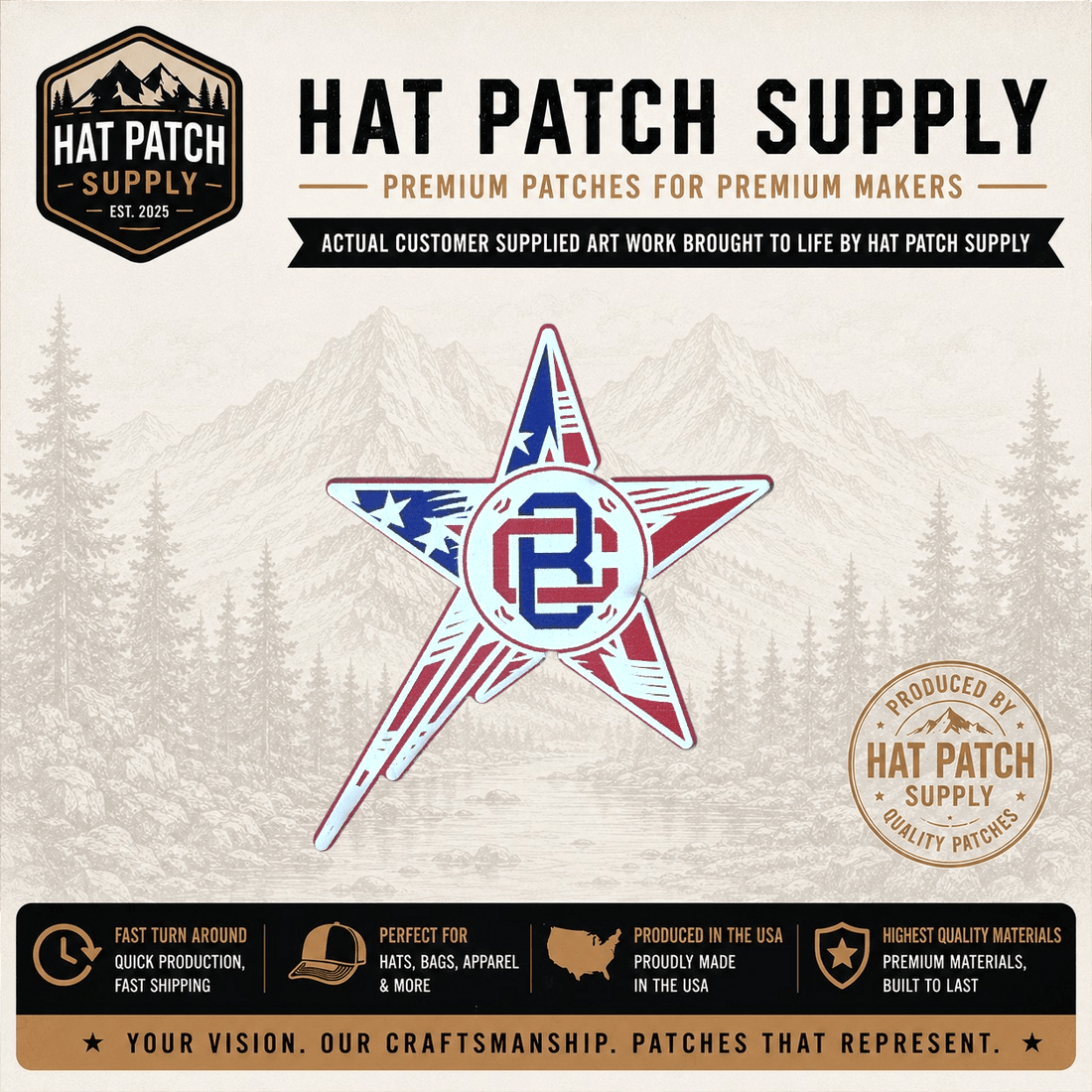 Full color UV printed custom hat patches in assorted designs