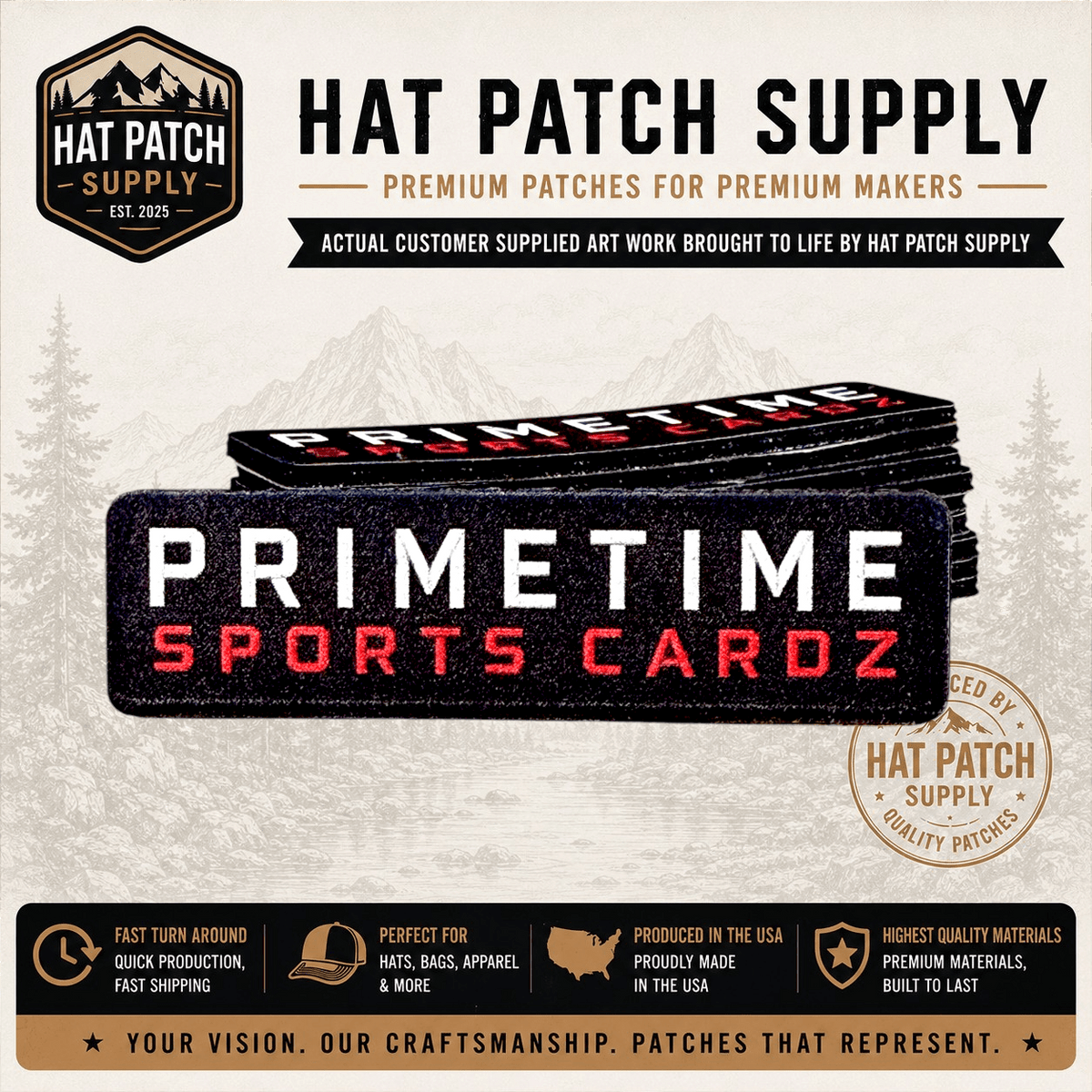 Assorted custom full color UV printed hat patches in different shapes