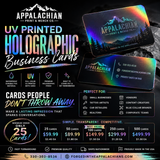 Custom UV printed holographic business cards with a rainbow foil finish