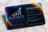 Custom holographic business cards shown at an angle