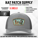 UV printed hat patch with a duck and hunting dog 'Duck Duck Woof' design