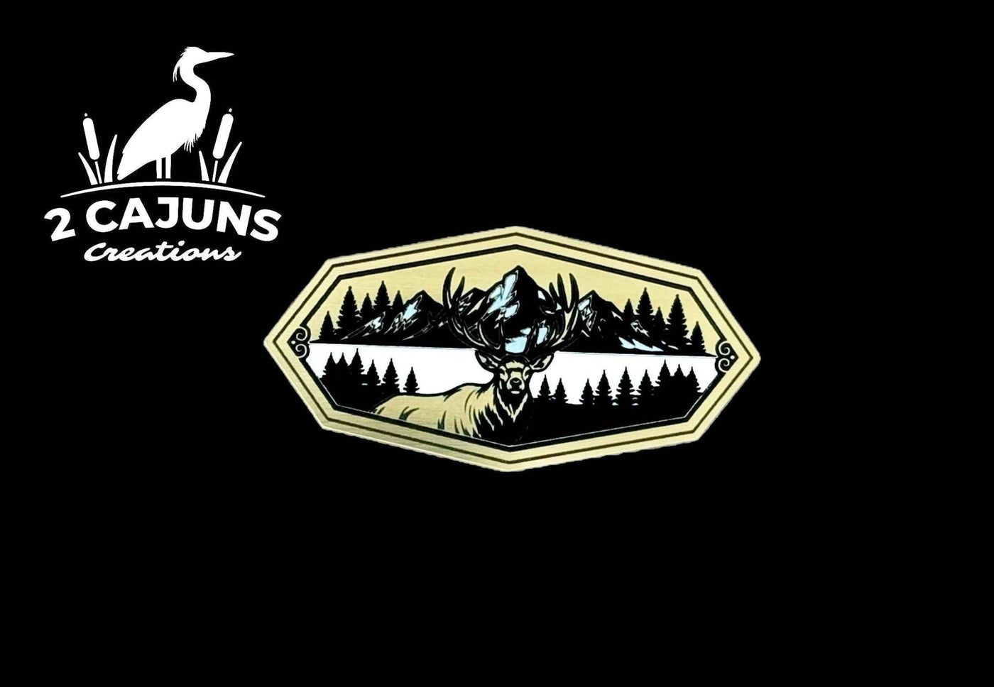 Elk Hexagon with Mountains Gold Black White Acrylic Hat Patch - Hat Patch Supply