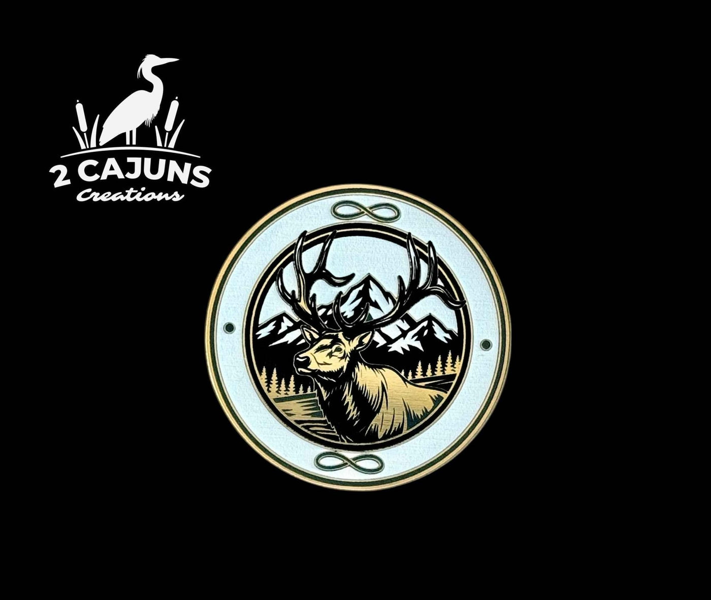 Elk with Mountain Backdrop Gold Black White Acrylic Hat Patch - Hat Patch Supply