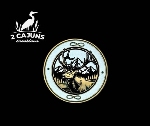 Elk with Mountain Backdrop Gold Black White Acrylic Hat Patch - Hat Patch Supply
