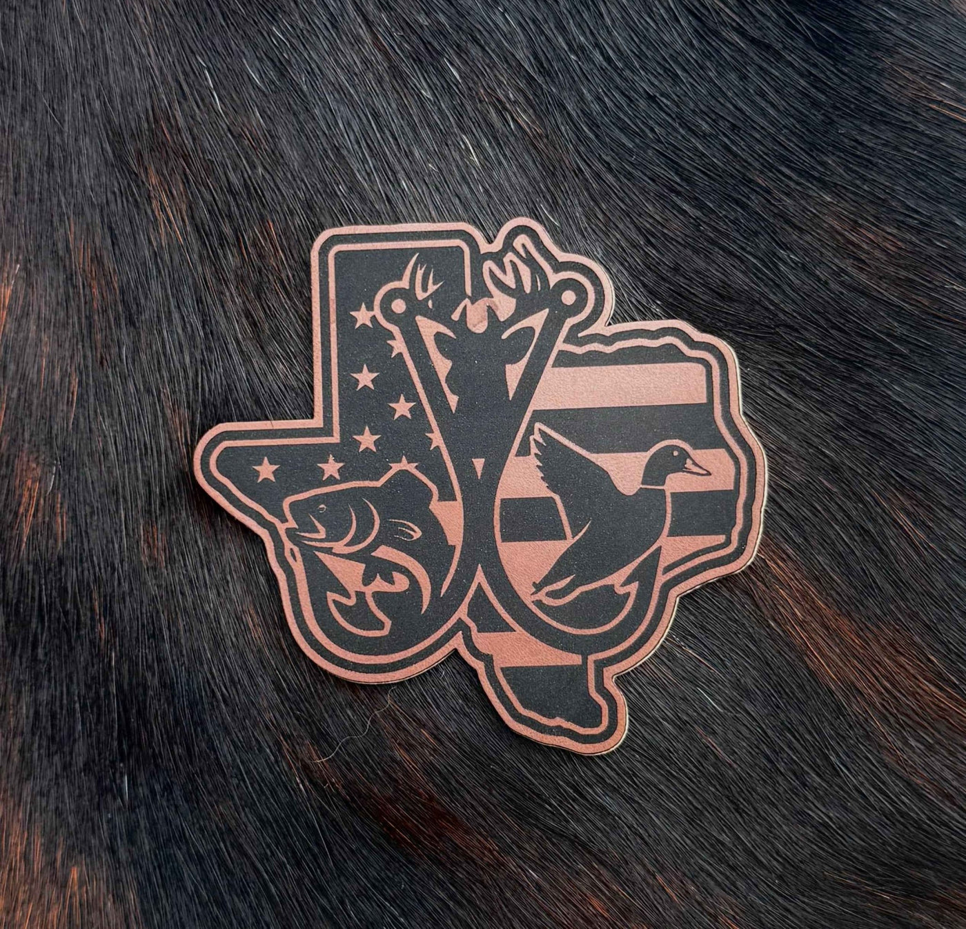 Engraved Texas American Flag Hunting and Fishing Trifecta Patch - Hat Patch Supply