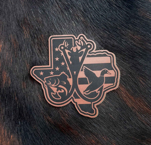 Engraved Texas American Flag Hunting and Fishing Trifecta Patch - Hat Patch Supply