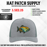 UV printed hat patch with an angler silhouette casting a fishing rod