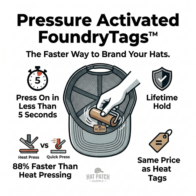 FoundryTag branding tag applied to the interior sweatband of a cap