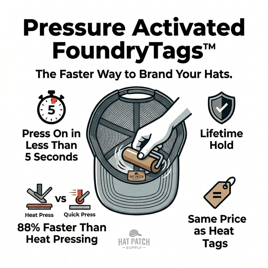 FoundryTag branding tag applied to the interior sweatband of a cap