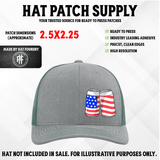 UV printed hat patch with a stars and stripes beer can design