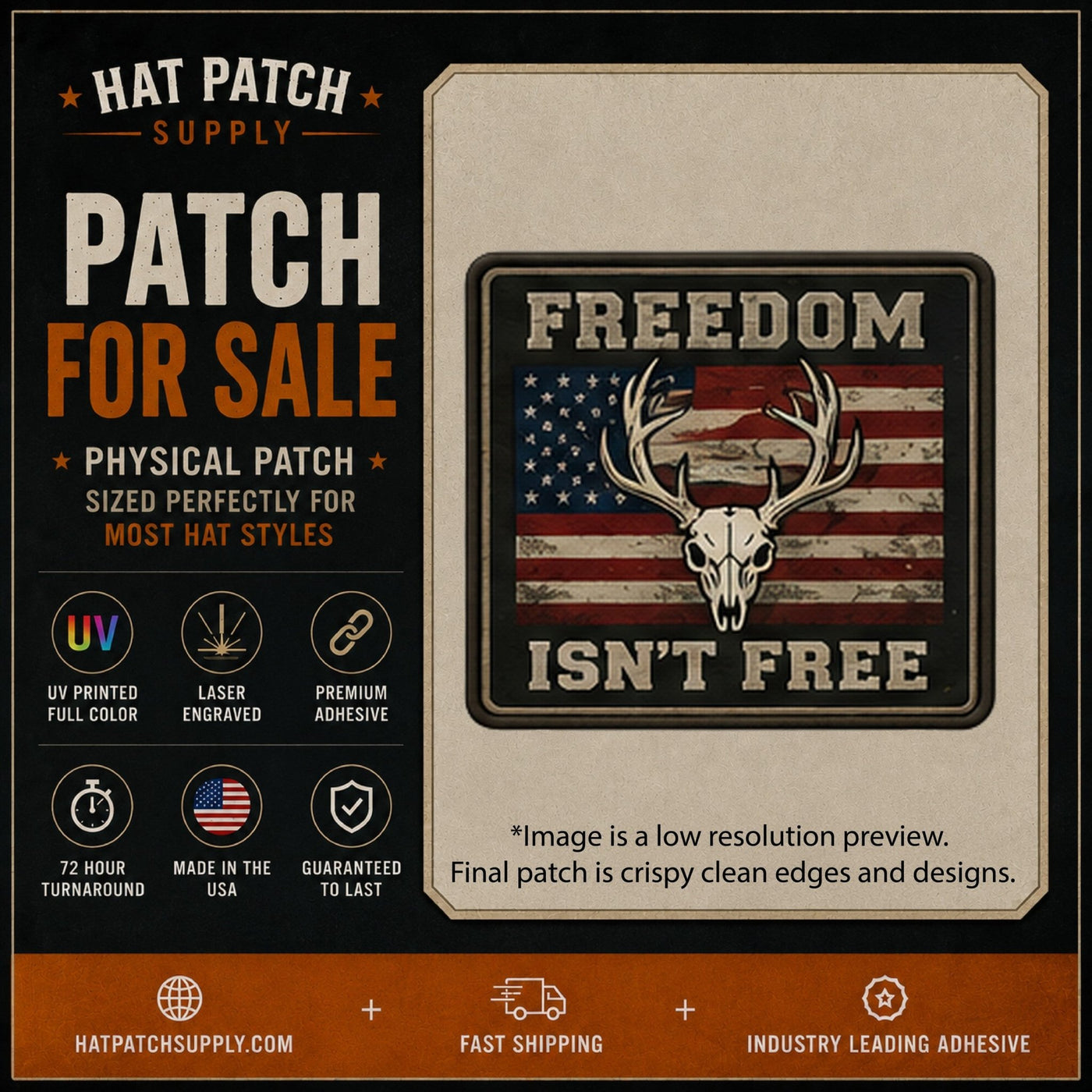 Freedom Isn't Free American Flag Deer Skull Hat Patch - Hat Patch Supply