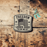 Alternate view of the Freedom Looks Good on Me leather hat patch