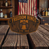 Leather hat patch with a Freedom Rings 250 Years patriotic design