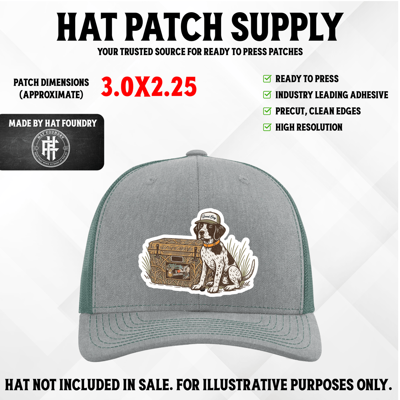 UV printed hat patch featuring a pointer hunting dog portrait