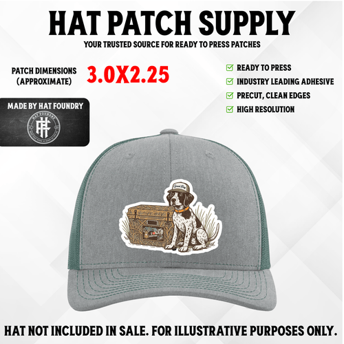 UV printed hat patch featuring a pointer hunting dog portrait