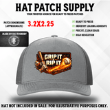 UV printed baseball hat patch reading Grip it and Rip It in bold lettering