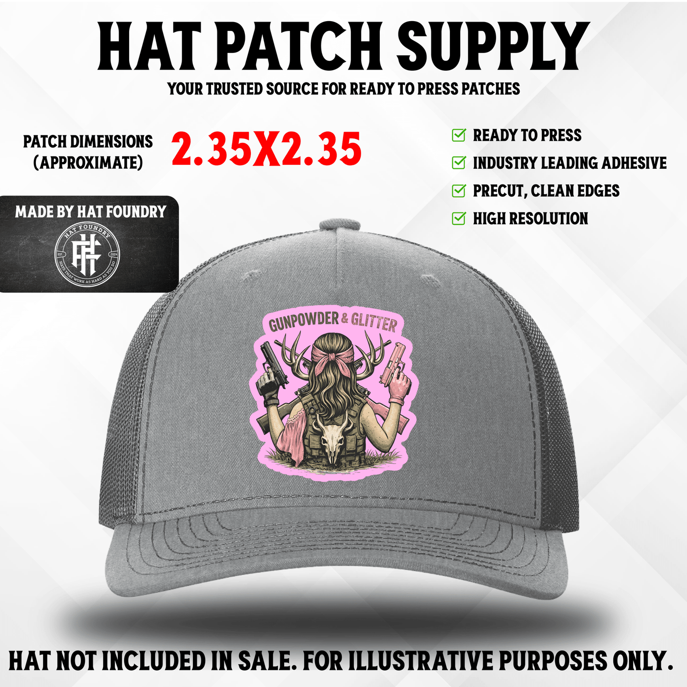 Gun Powder & Glitter – Female Hunter UV Printed Hat Patch - Hat Patch Supply