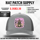 UV printed hat patch reading 'Gun Powder & Glitter' with a female hunter design