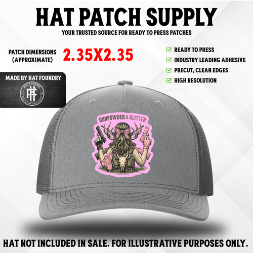 Gun Powder & Glitter – Female Hunter UV Printed Hat Patch - Hat Patch Supply