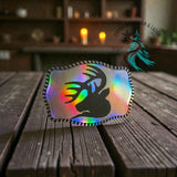 Leather hat patch with a holographic Hunter's Edge buck design