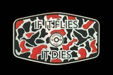 Three color options of the If It Flies acrylic hat patch shown together