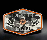 If It Flies linen camo acrylic hat patch shown in a second color option