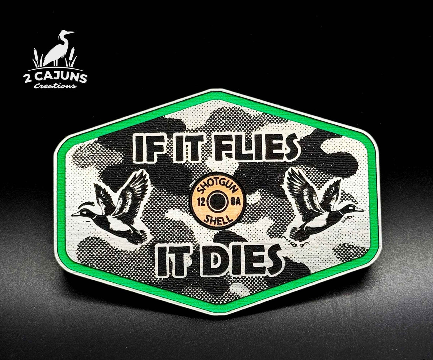 If It Flies Acrylic Hat Patch Linen Camo Design with Copper Acrylic Insert - 2 Pieces - 4 Colors Available - Hat Patch Supply