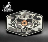 Four color options of the If It Flies linen camo acrylic hat patch