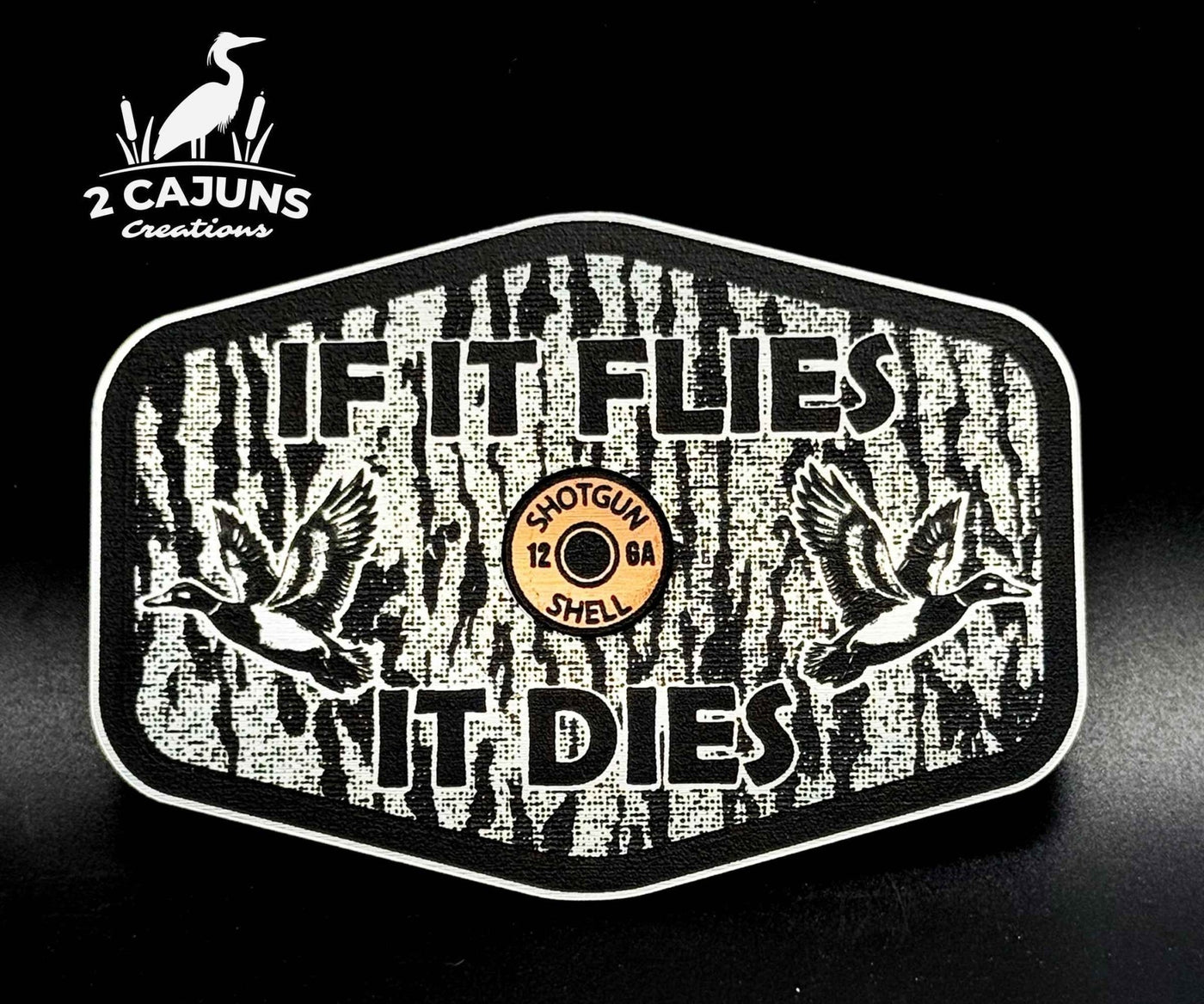 If It Flies Acrylic Hat Patch Tree Bark Design with Copper Acrylic Insert - 2 Pieces - 4 Colors Available - Hat Patch Supply