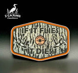 If It Flies tree bark acrylic hat patch shown in a second color option