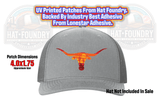 UV printed hat patch with a longhorn against a southwestern sunset