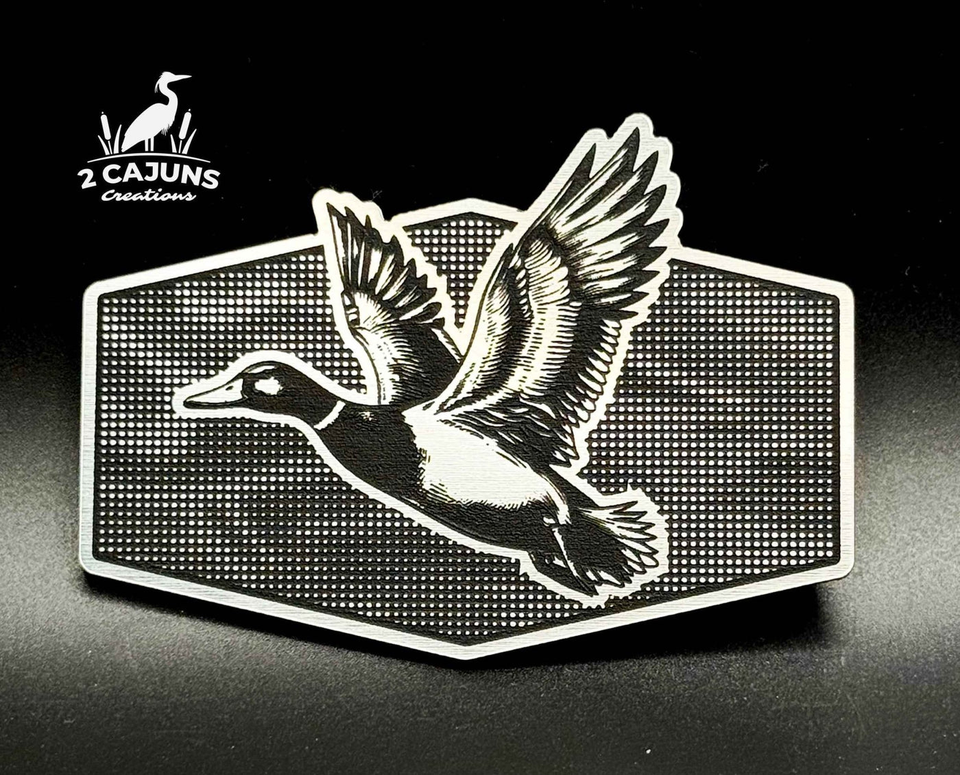 Mallard Duck on Linen Camo Design Dual Layer Stainless Black Acrylic Hat Patch - Hat Patch Supply