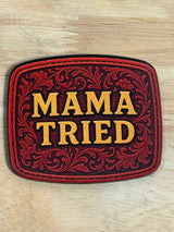 Detail of the Mama Tried tooled leather patch design