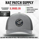 UV printed faith hat patch reading Man of God