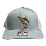 Acrylic hat patch with a leaping marlin design
