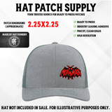 UV printed hat patch featuring the winged Mothman cryptid with glowing red eyes