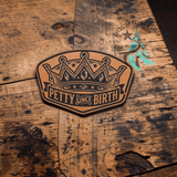 Petty Since Birth leather hat patch shown at an angle