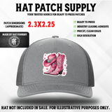 UV printed hat patch with pink cowgirl boots and hat design