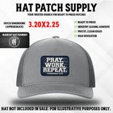 Religious hat patch reading Pray Work Repeat