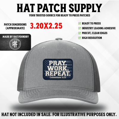 Religious hat patch reading Pray Work Repeat